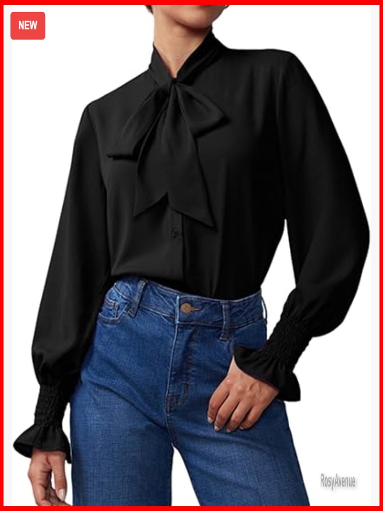 Chiffon Blouse Bow Tie Neck Long Sleeve Smocked Cuffed Dressy Casual Work Top